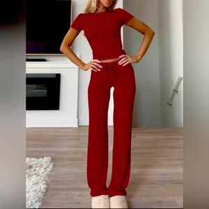 Women’s Solid Short Sleeve 2 Piece Casual Lounge Set Burgundy Red